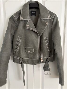 Bershka Women's Grey Vegan Leather Moto Jacket